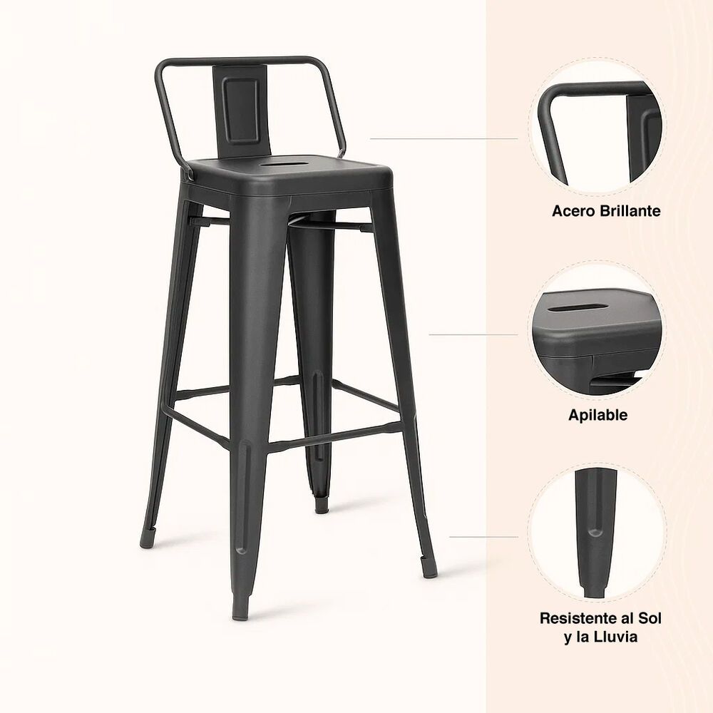 Taburete Tolix Acero Con Respaldo Para Bar O Terraza - Negro image number 4.0