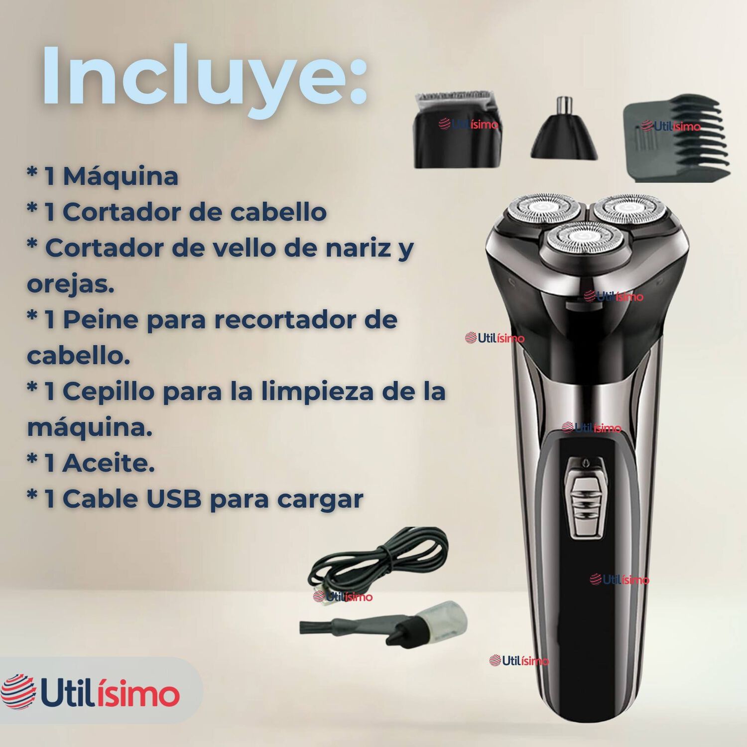 M&aacute;quina De Afeitar 3 En 1 Recargable Inal&aacute;mbrica Usb Color Plateada image number 1.0