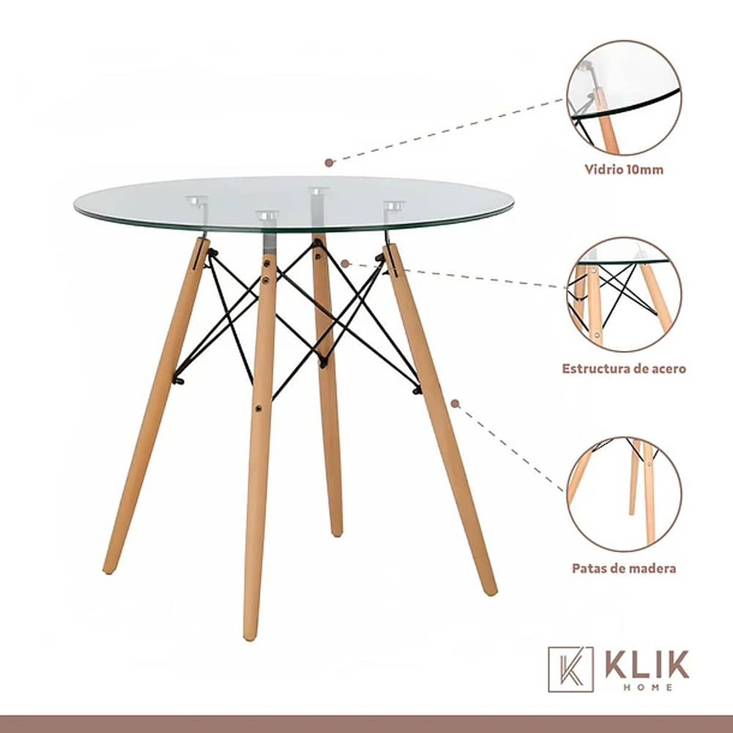 Comedor Mesa Eames 80cm Redonda Vidrio + 4 Silla Macron Terciopelo - Beige image number 3.0