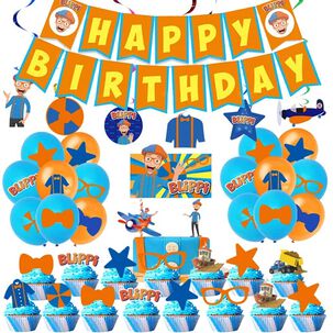 Pack Cumplea&ntilde;os Blippi Globos Toppers Cinta, Cotillon Y Mas