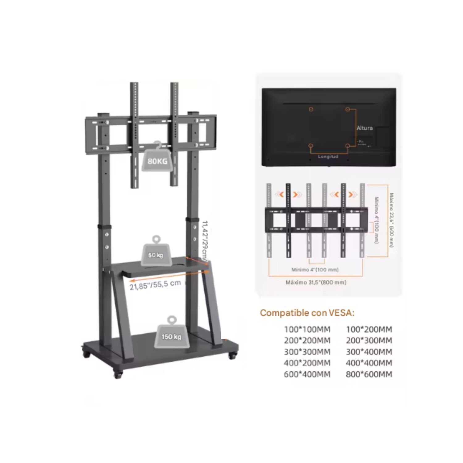 Soporte Tv Base Pedestal Con Ruedas Monitor 32 A 72p image number 4.0