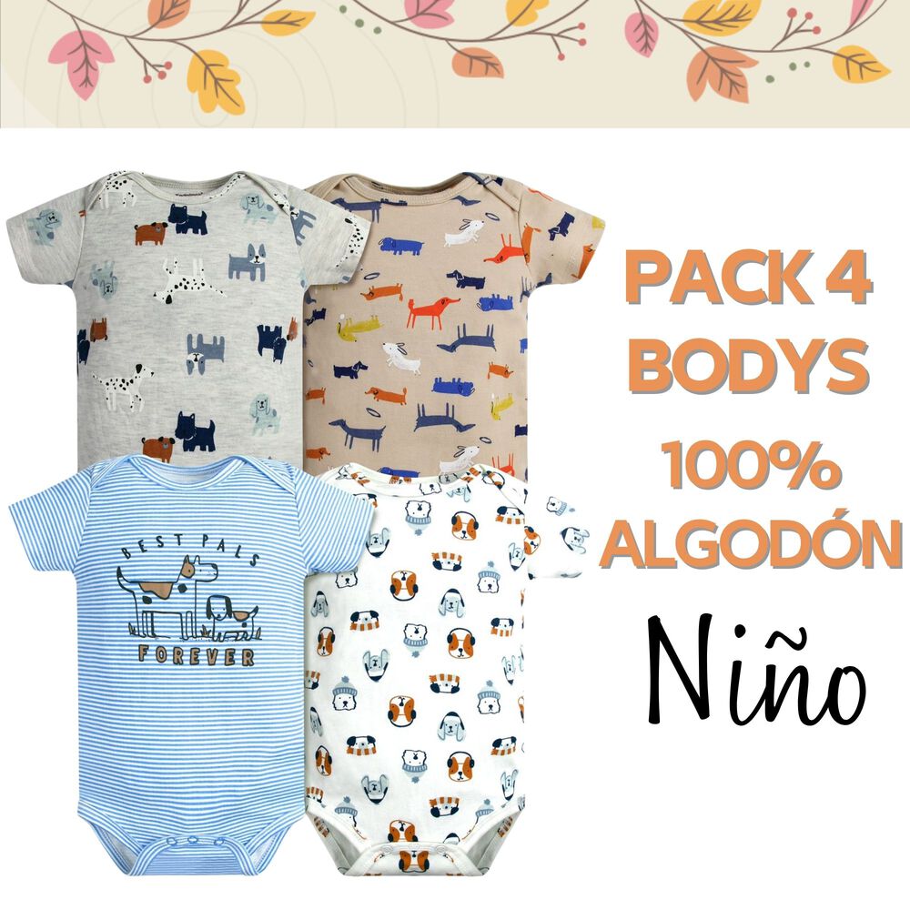 Pack 4 Bodys Ni&ntilde;o Manga Corta Tedmimak 100% Algod&oacute;n Cachorros Coloridos image number 4.0