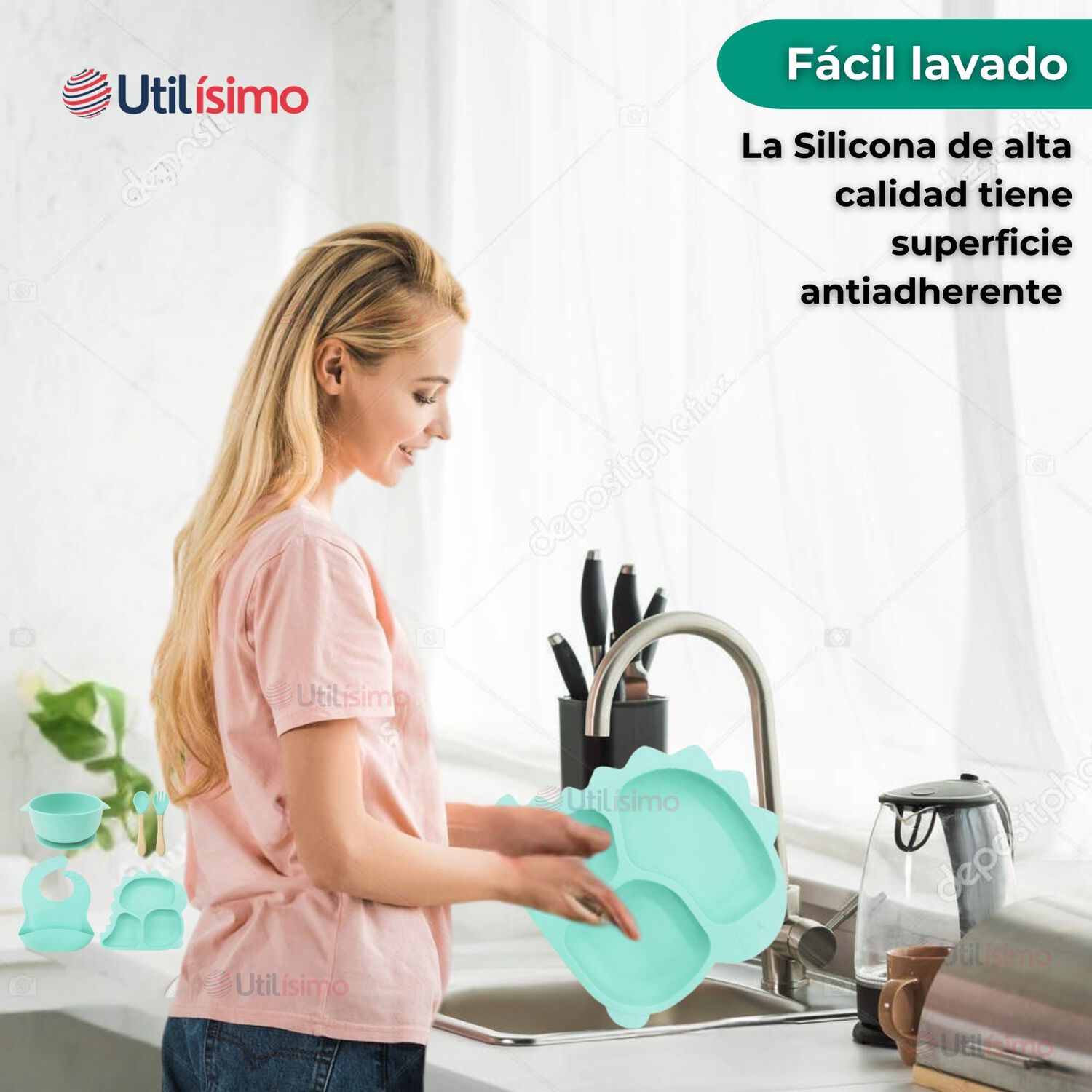 Set Alimentaci&oacute;n Silicona Beb&eacute; 5 Piezas Dinosaurio Libre Bpa Color Turquesa image number 5.0
