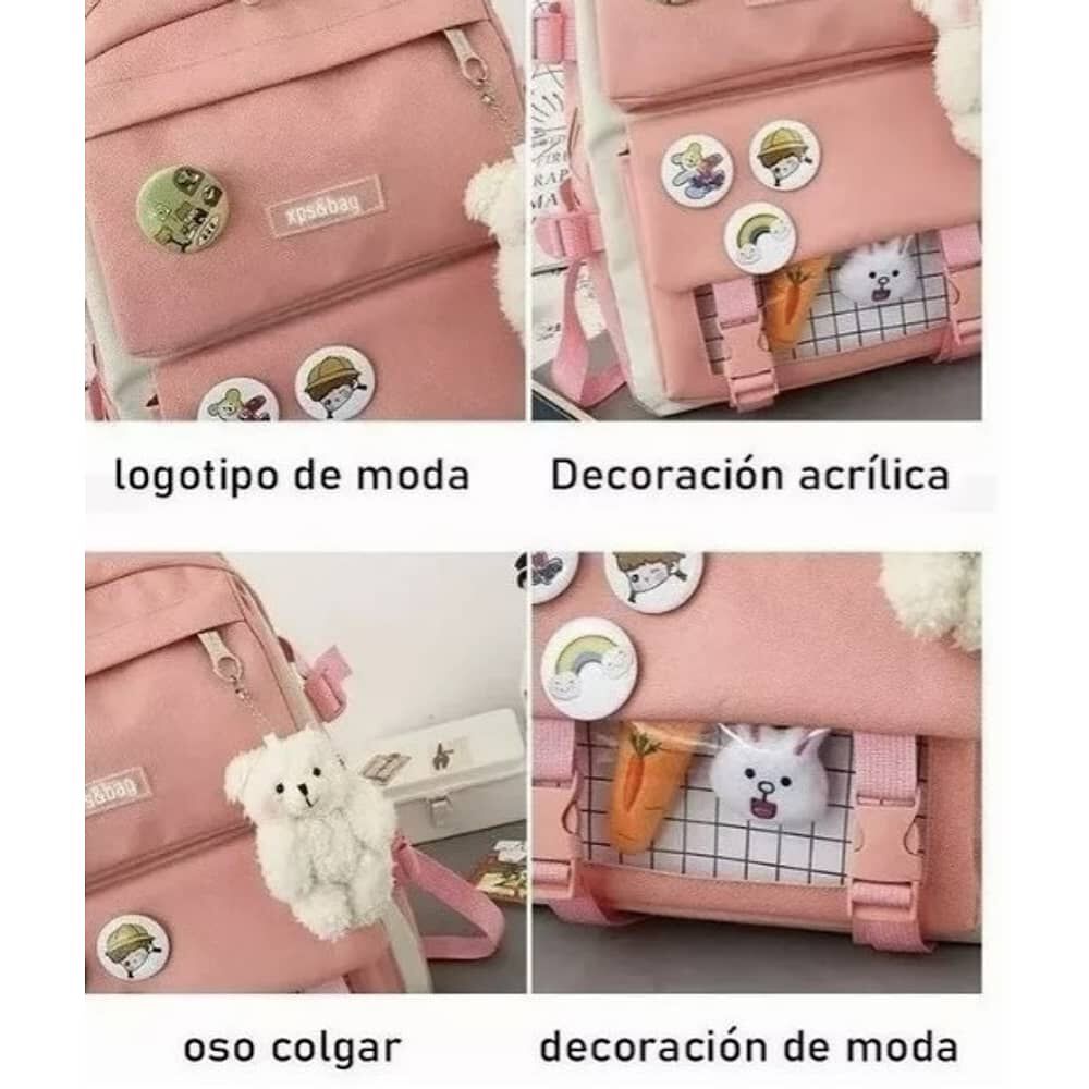 Mochila Escolar Viaje Estilo Coreano 5 Piezas Kit Azul image number 4.0