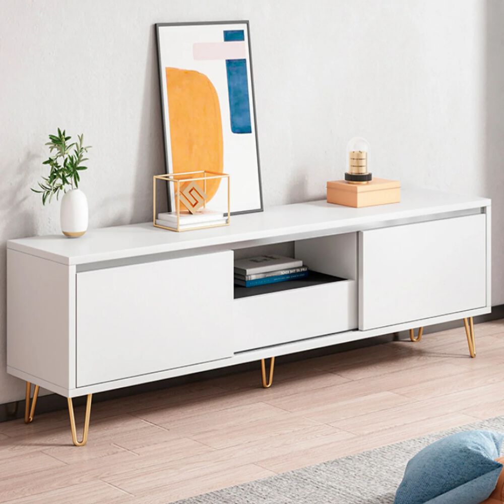 Buffet Rectangular Blanco Rack Alta Calidad White Con 2 Cajones Base Dorada image number 3.0