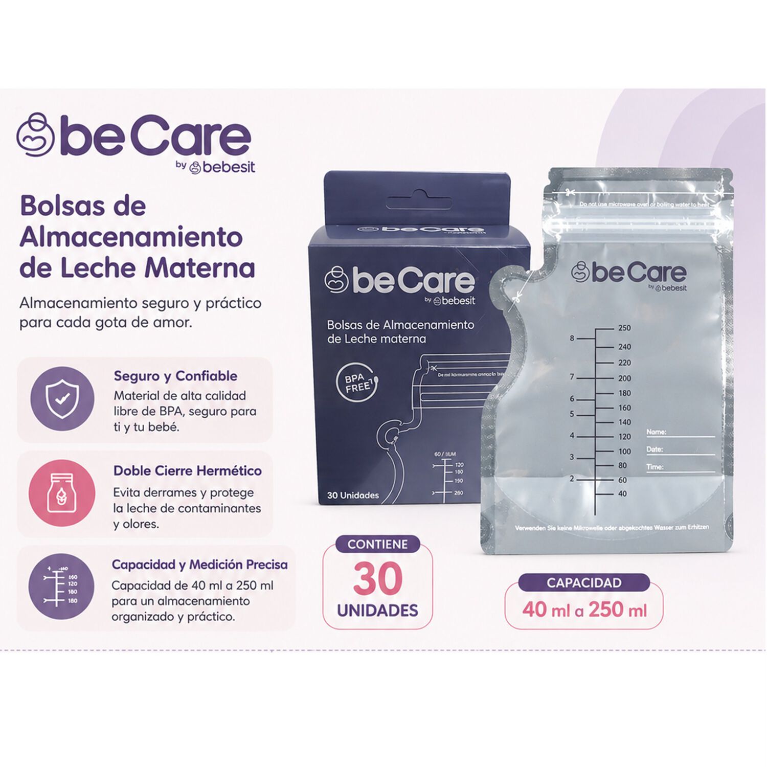 Pack 30 Bolsas Para Almacenar Leche Materna 200 Ml Bebesit image number 1.0