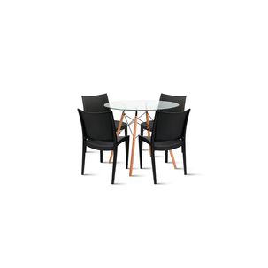 Comedor Mesa Eames De Vidrio 100cm + 4 Sillas De Terraza Exterior - Negras