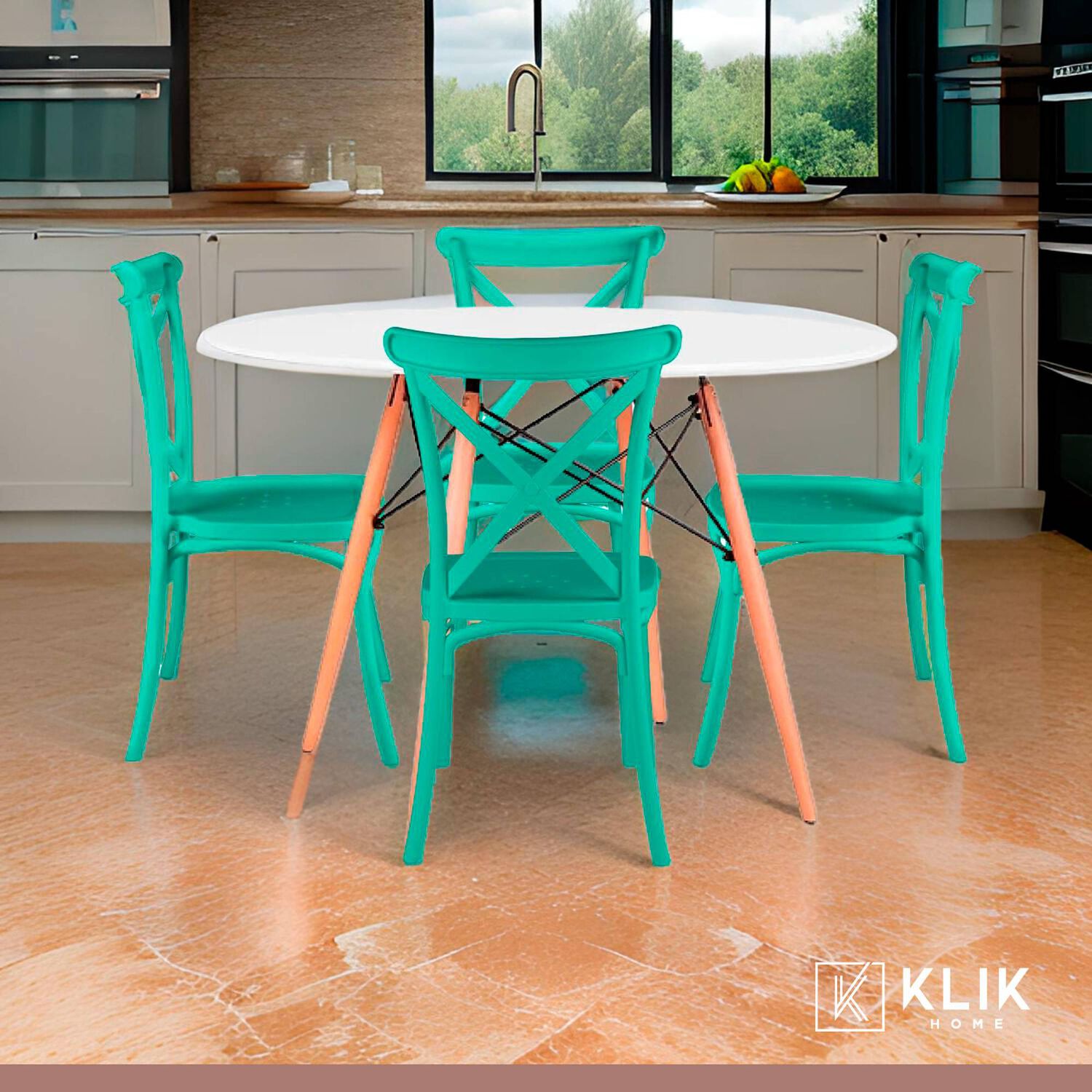 Comedor Eames 80cm Redonda Blanca + 4 Sillas Crossback Danubio Menta image number 1.0