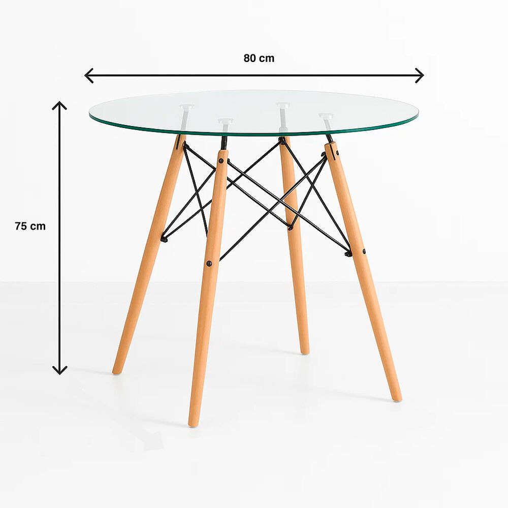 Comedor Mesa Eames Redonda Vidrio 80cm + 4 Sillas Eames Patchwork Tela Wood Celeste image number 3.0