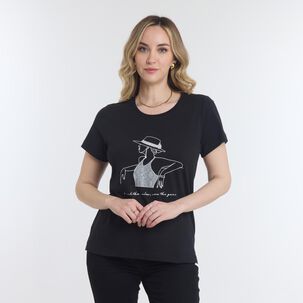 Polera Lisa Con Estampado Frontal Manga Corta Cuello Redondo Mujer Geeps