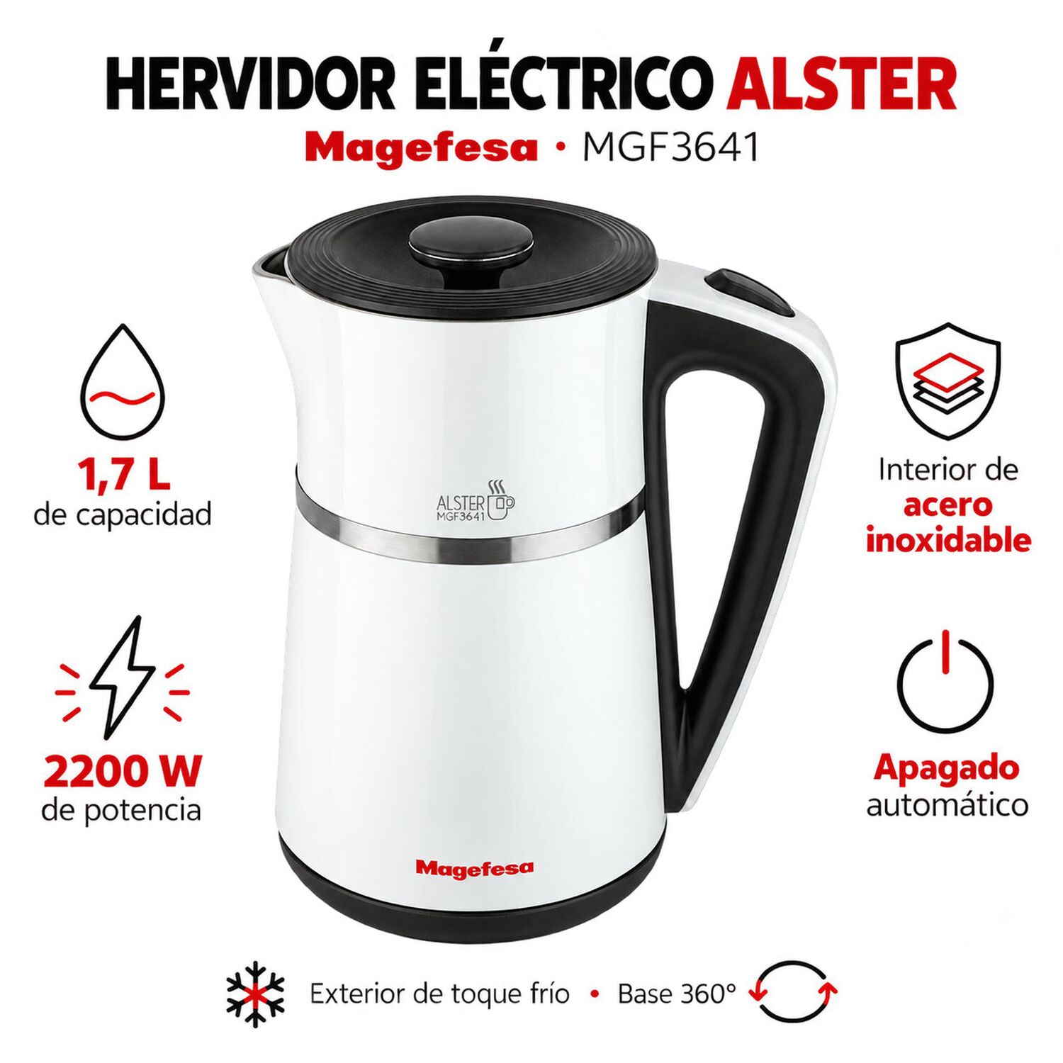 Hervidor El&eacute;ctrico 1.7l Inox 2200w Base 360&deg; Blanco image number 2.0