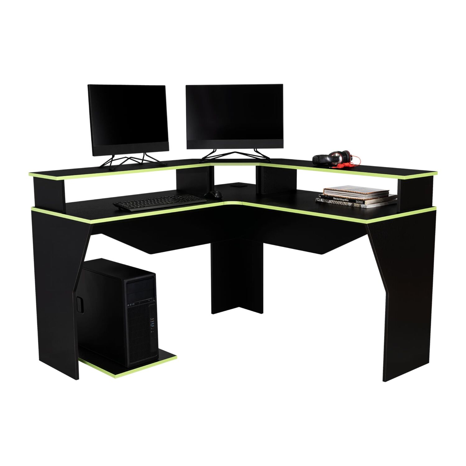 Escritorio Gamer En L Fm-046o - Negro Y Canto Verde image number 1.0