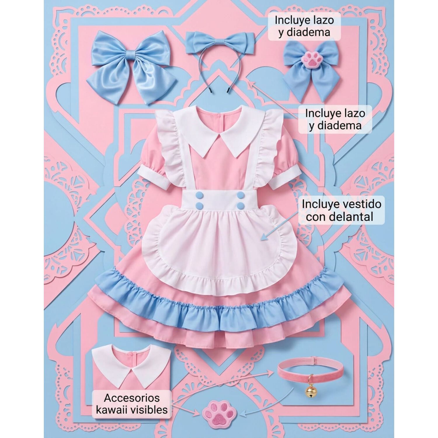 Disfraz Maid Rosado Cosplay Kawaii image number 8.0