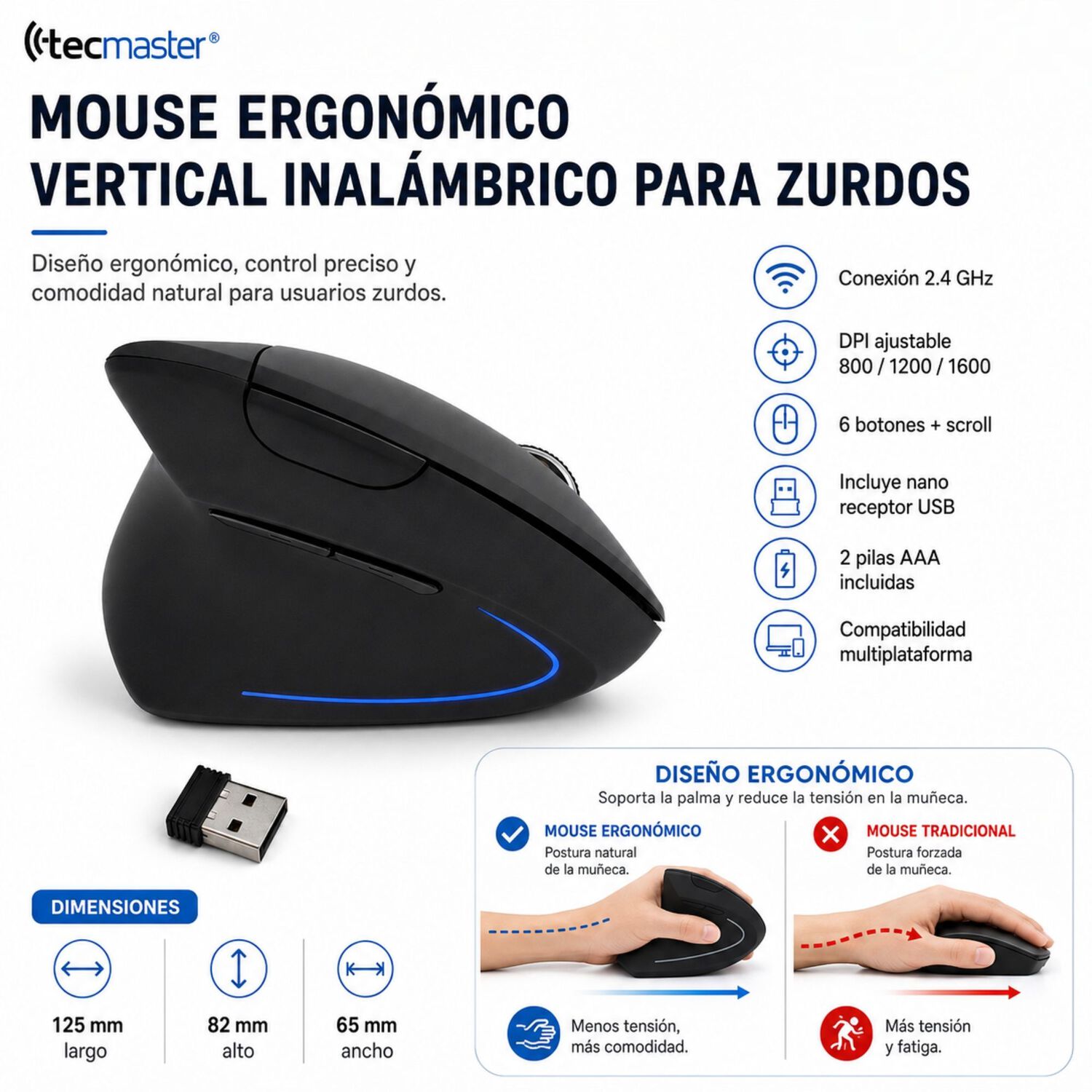 Mouse Ergon&oacute;mico Vertical Inal&aacute;mbrico Para Zurdos Iluminado image number 7.0