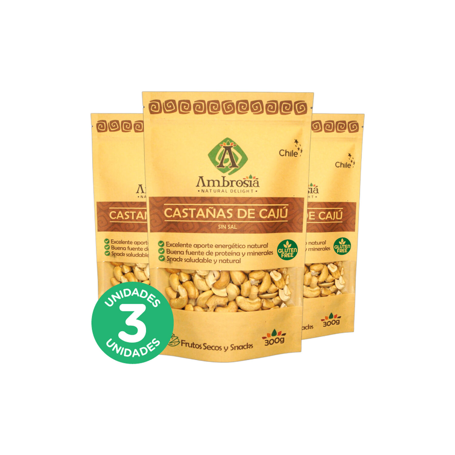 Pack 3, Snack Vegano Casta&ntilde;as De Caj&uacute; Sin Sal 300gr. image number 0.0