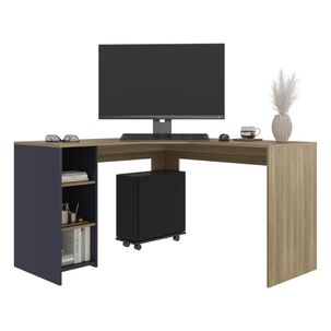 Escritorio En L Con Base Para Cpu Caf&eacute; Claro Y Azul 76,5x130x130 Cm