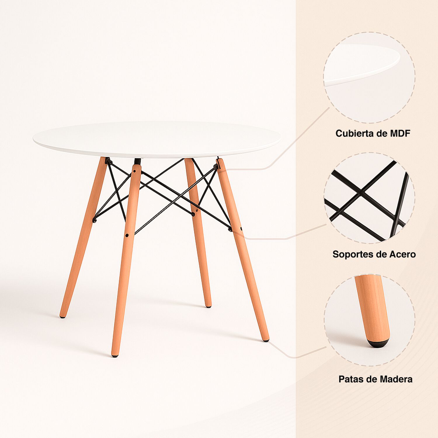 Comedor Mesa Redonda Blanca 100cm + 4 Sillas Eames Patchwork Tela Wood Celeste image number 5.0