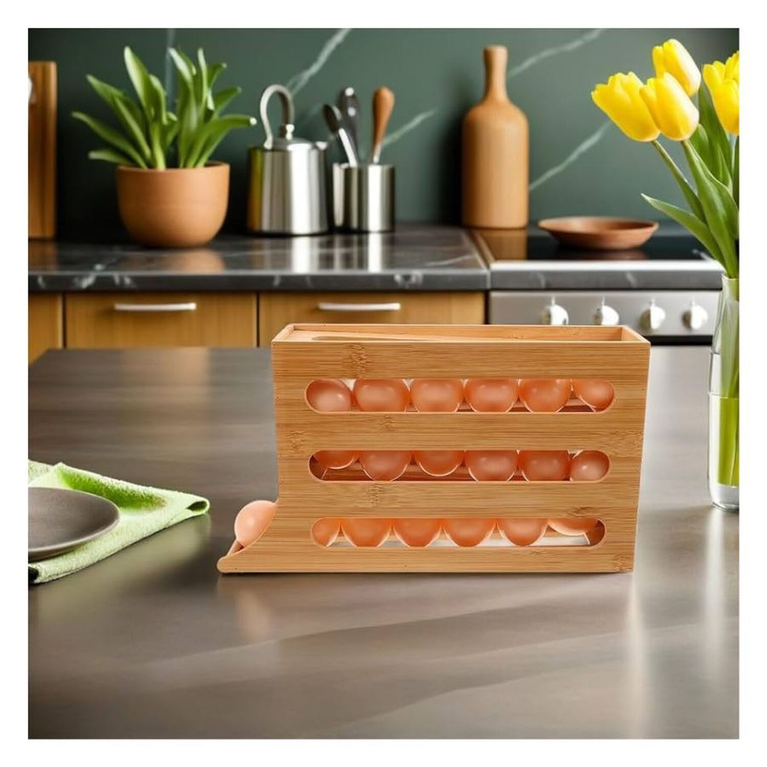 Porta Huevos Bamb&uacute; 3 Niveles Dispensador Autom&aacute;tico Cocina image number 2.0