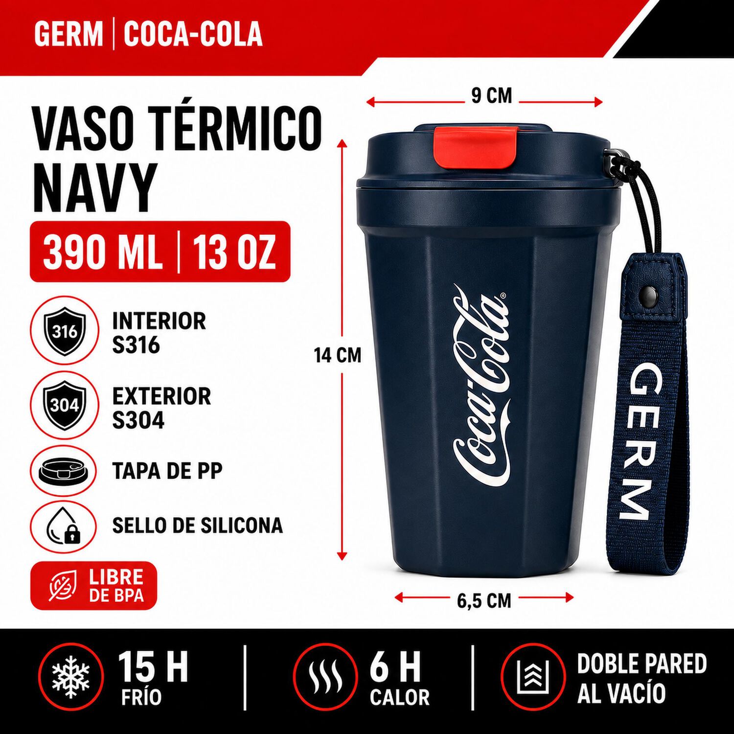 Vaso Termico Mug Germ Coca-cola Acero Inoxidable 390ml Navy image number 6.0