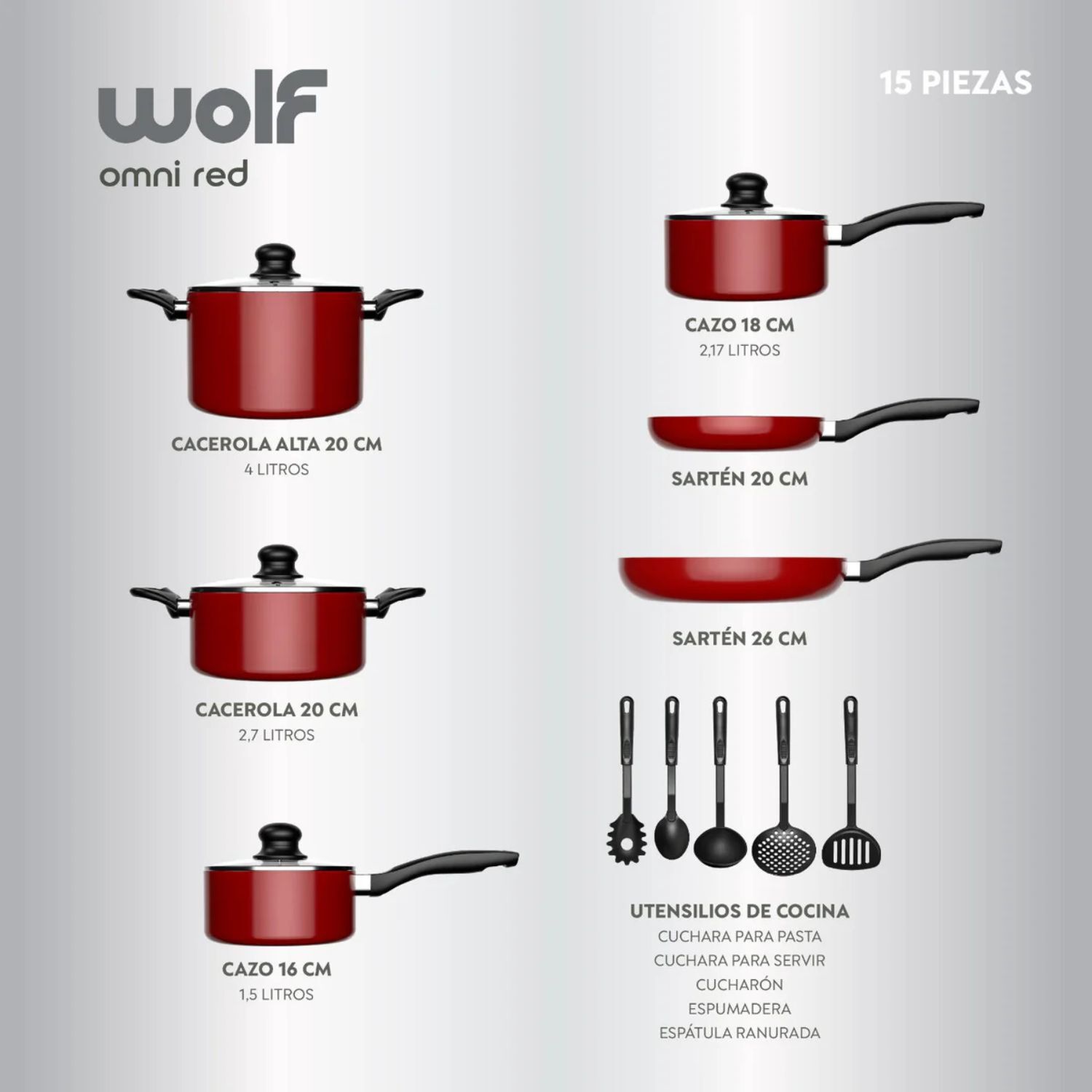 Bater&iacute;a Cocina 15 Piezas Aluminio Antiadherente Rojo Wolf image number 1.0