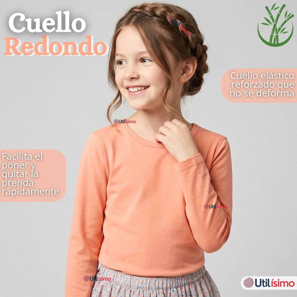 Camiseta Polera Bamb&uacute; Cuello Redondo Salm&oacute;n Primera Capa Manga Larga Ni&ntilde;a image number 7.0
