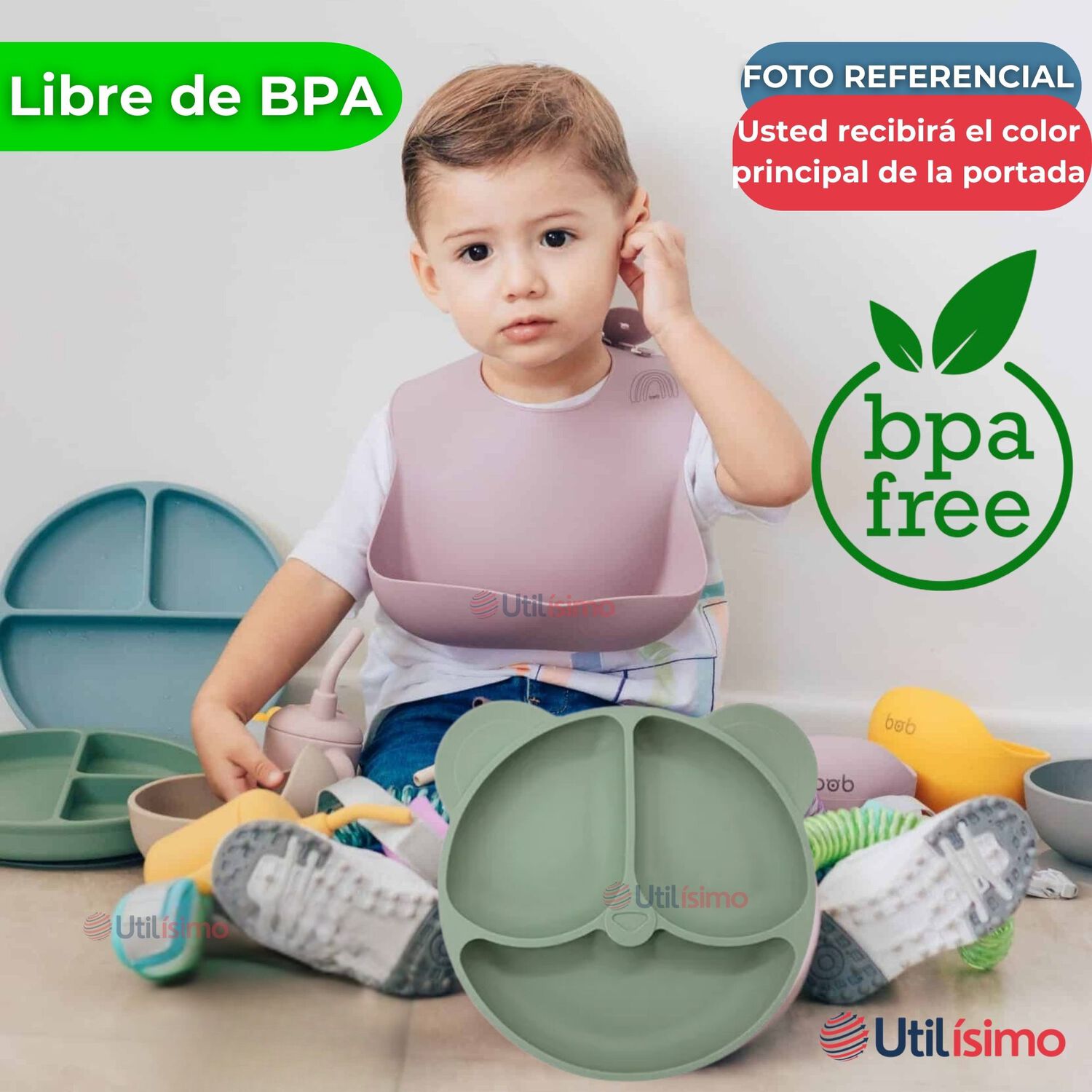 Set De Alimentaci&oacute;n Beb&eacute; Silicona De Oso 6 Piezas Libre Bpa Color Verde image number 2.0