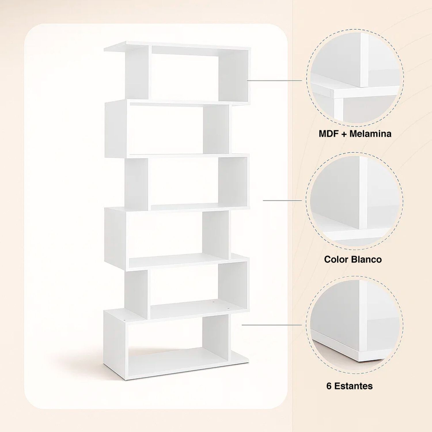 Estanter&iacute;a Moderna Zigzag De 6 Niveles 80x23.5x187.5 - Blanco image number 4.0
