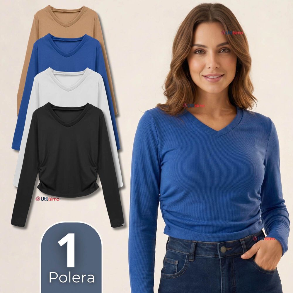 Camiseta Polar Polera Cuello V Mujer Manga Larga Tela Acanalada Colores Surtidos image number 0.0