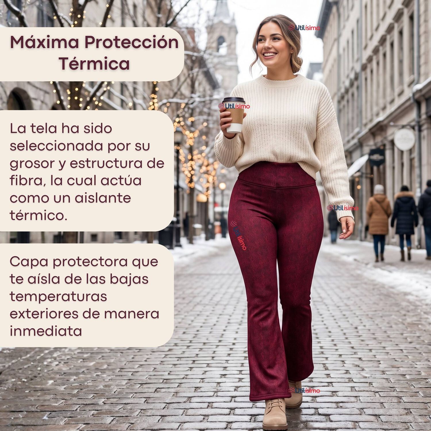 Pantal&oacute;n Polar Con Chiporro Palazzo Mujer Elasticada T&eacute;rmica Burdeo Jeans image number 8.0