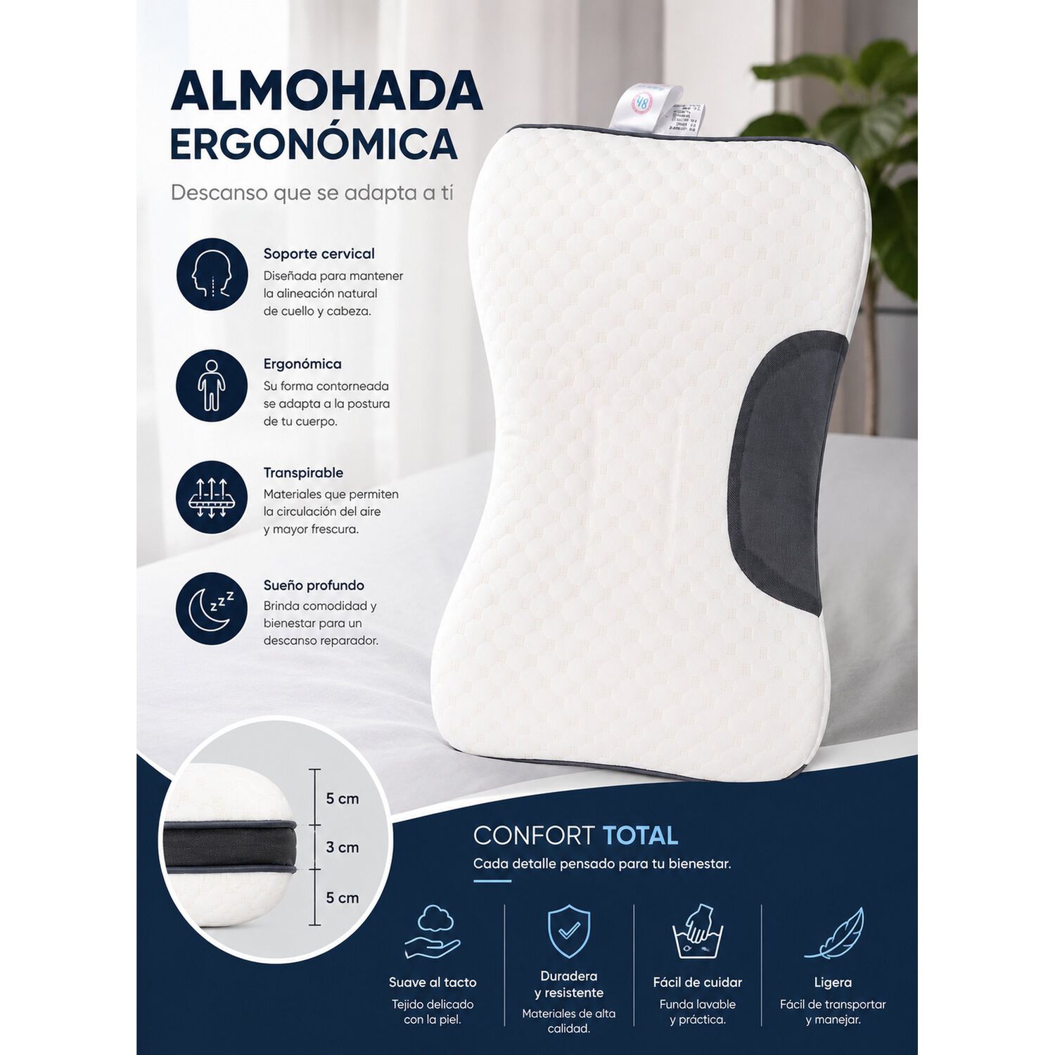 Almohada Cervical Ortop&eacute;dica Ergon&oacute;mica image number 5.0