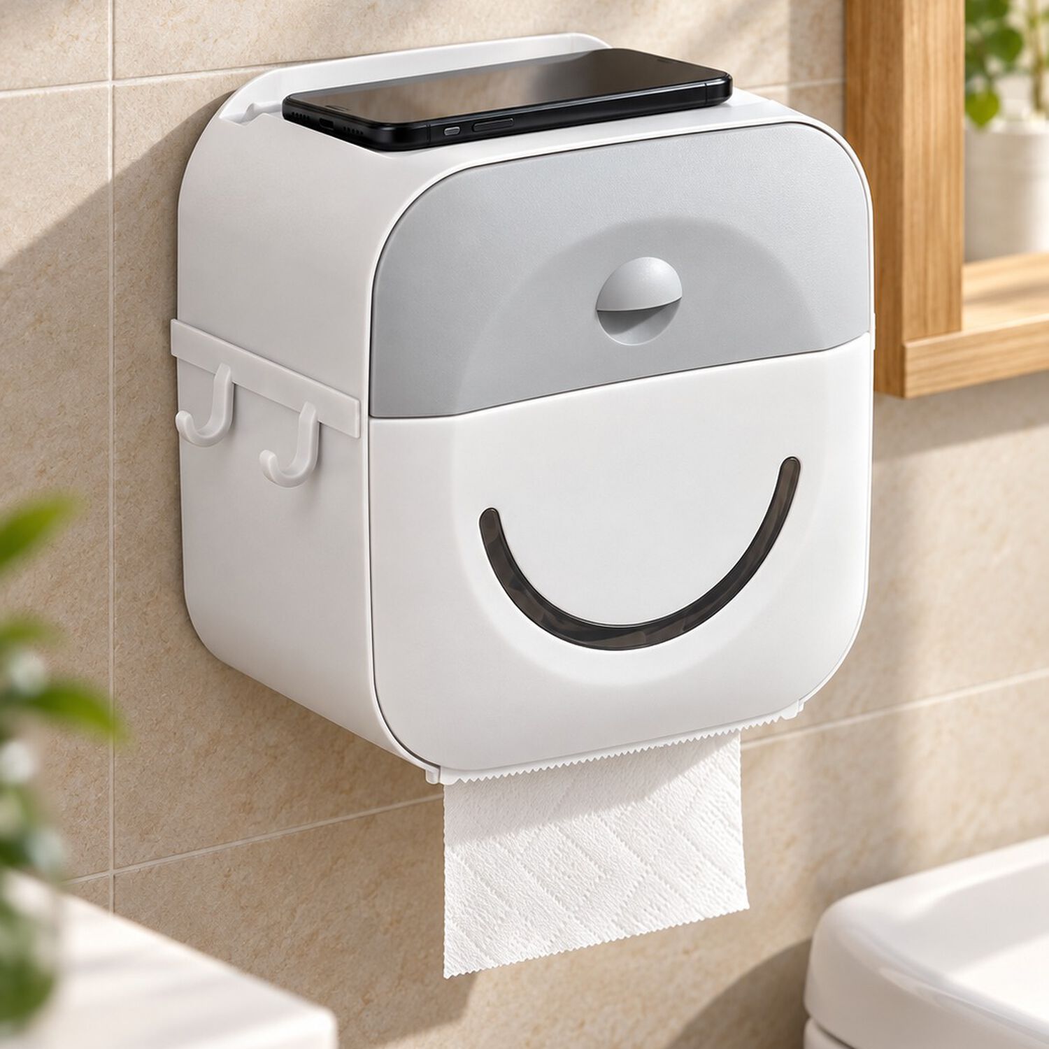 Dispensador Porta Confort Papel Higi&eacute;nico De Pared Con Caj&oacute;n Y Soporte Celular Gris image number 0.0