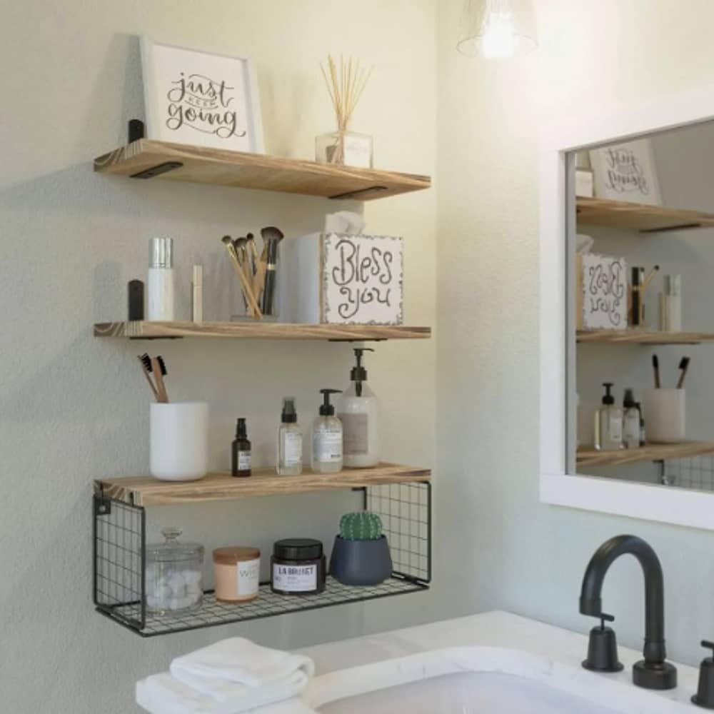 Repisas Flotantes De Madera X3 Con Reja 100% Pino image number 1.0