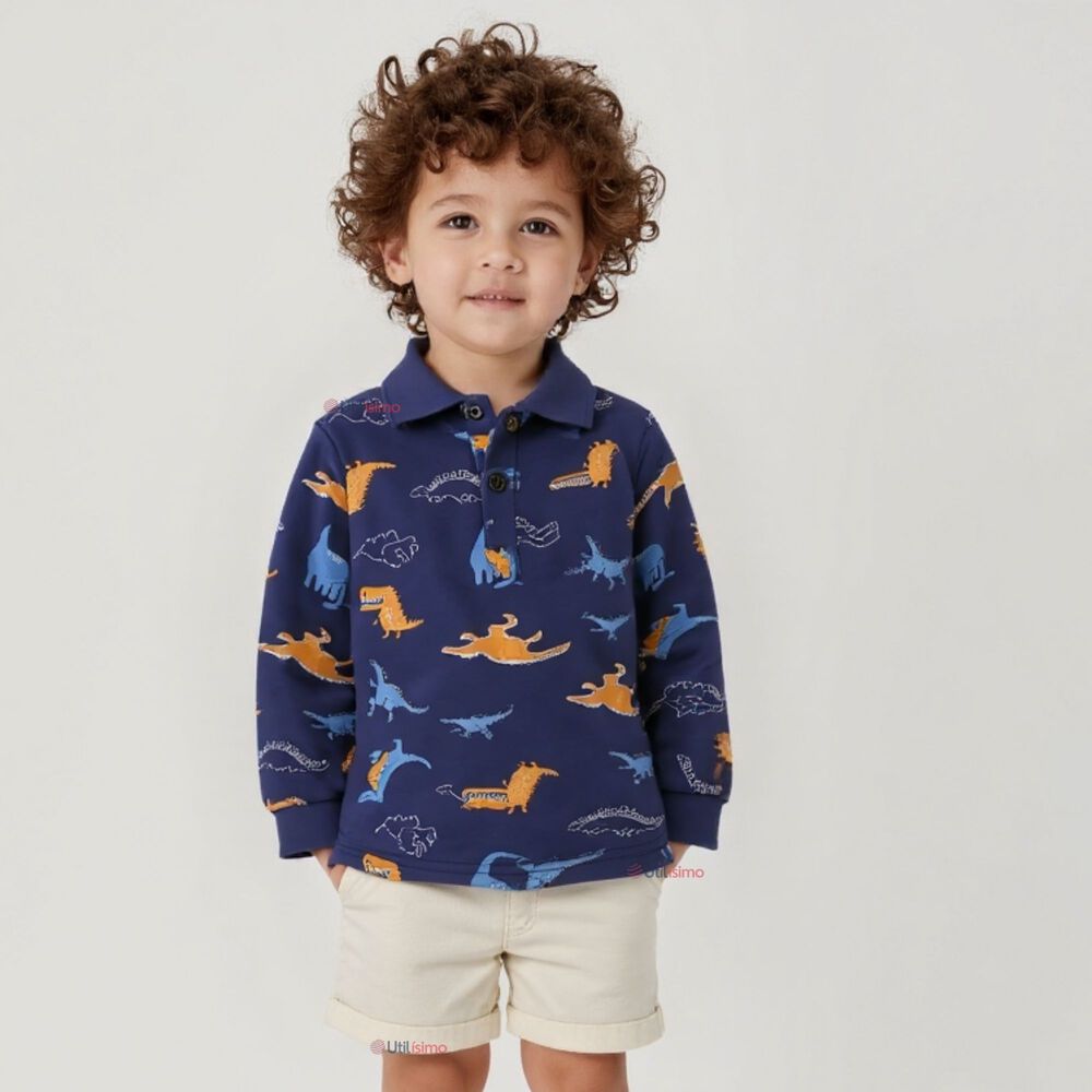 Polera Piqu&eacute; Manga Larga Ni&ntilde;o Con Estampado De Dinosaurios Azul image number 0.0