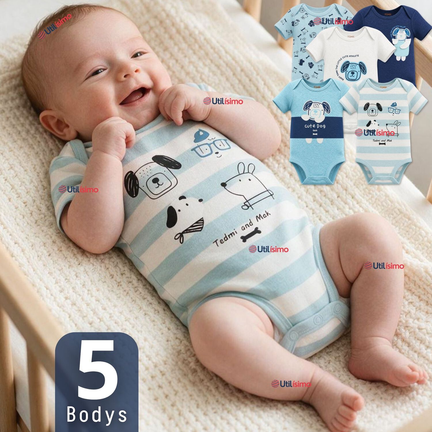 Pack 5 Bodys Manga Corta 100% Algod&oacute;n Tedmimak Ni&ntilde;o Playful Pups image number 0.0