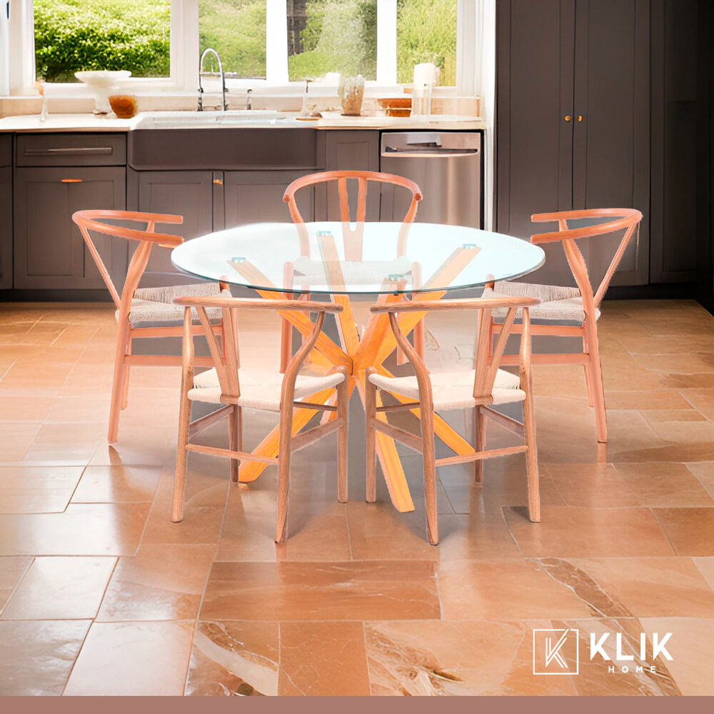 Comedor Mesa Redonda De Vidrio Cross 120cm + 5 Sillas Wishbone Madera image number 1.0