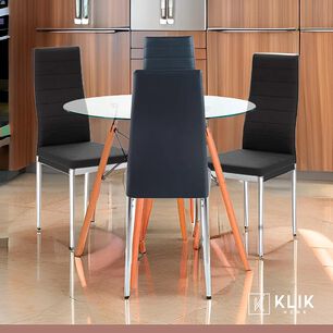 Comedor Mesa Eames 80cm Redonda Vidrio + 4 Sillas Dining Liana Acolchadas - Negras