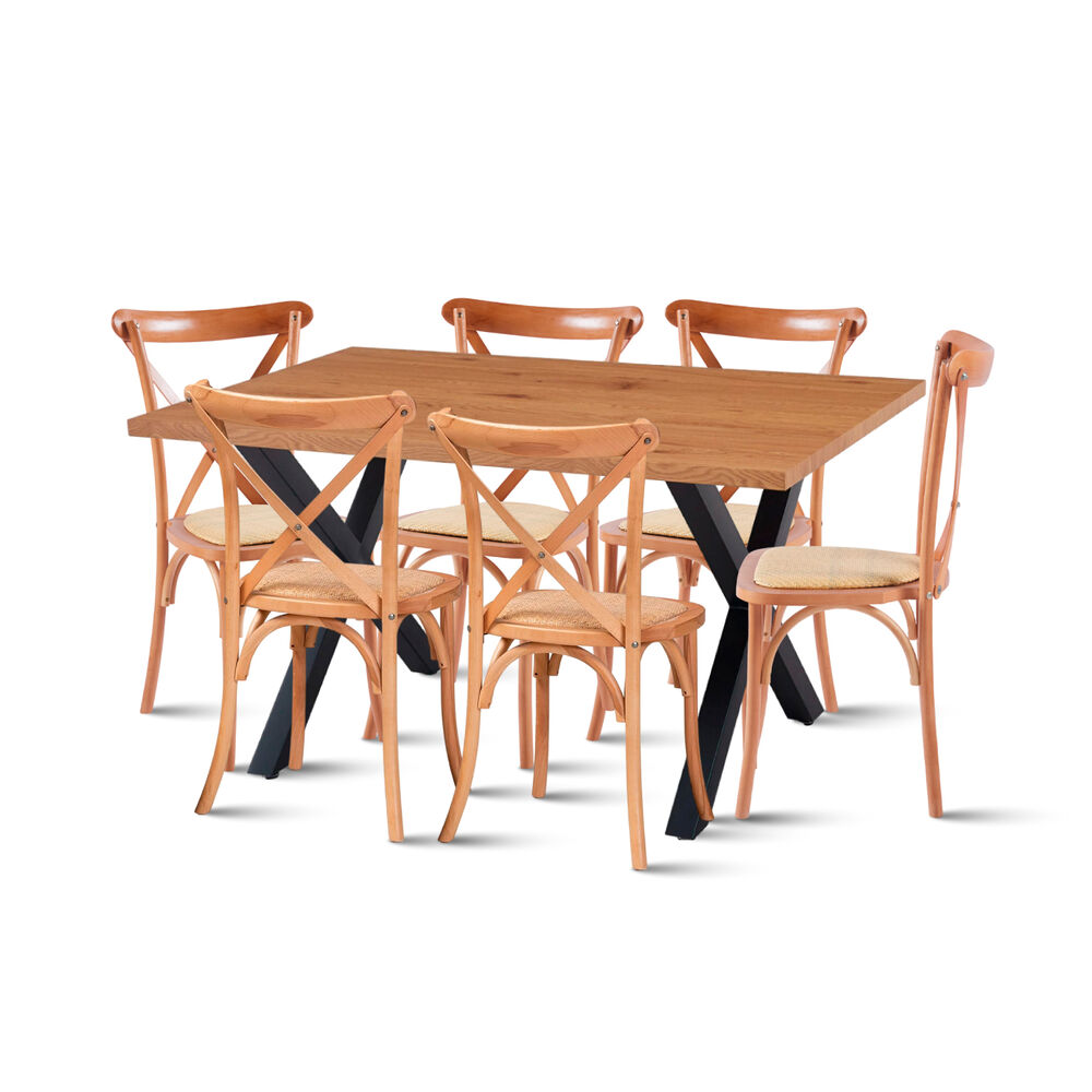 Comedor Mesa Color Madera Y Metal Cross 140x90 + 6 Sillas Crossback Madera Rattan Natural image number 0.0