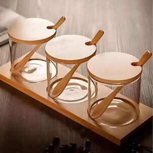 Set 3 Frascos Para Condimentos Vidrio Tapa Bambu Con Soporte