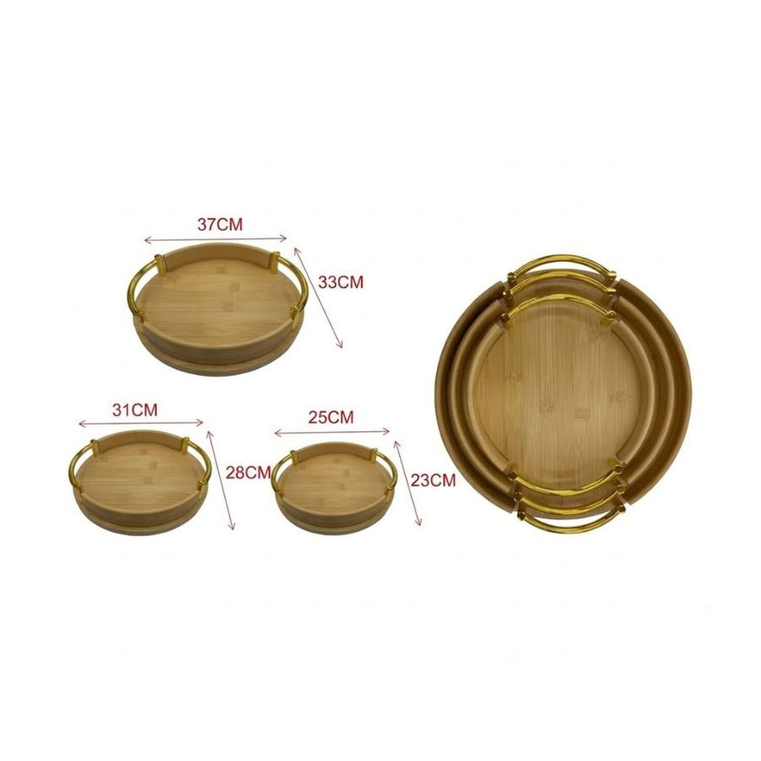 Set 3 Bandejas Redondas Bamb&uacute; Borde Dorado Decorativo image number 4.0