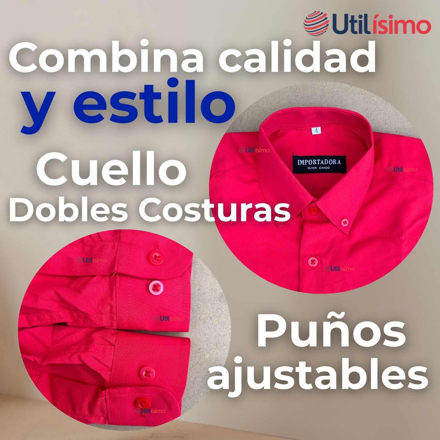 Camisa Casual De Vestir Manga Larga Cuello Americano 100% Algod&oacute;n Rojo image number 3.0