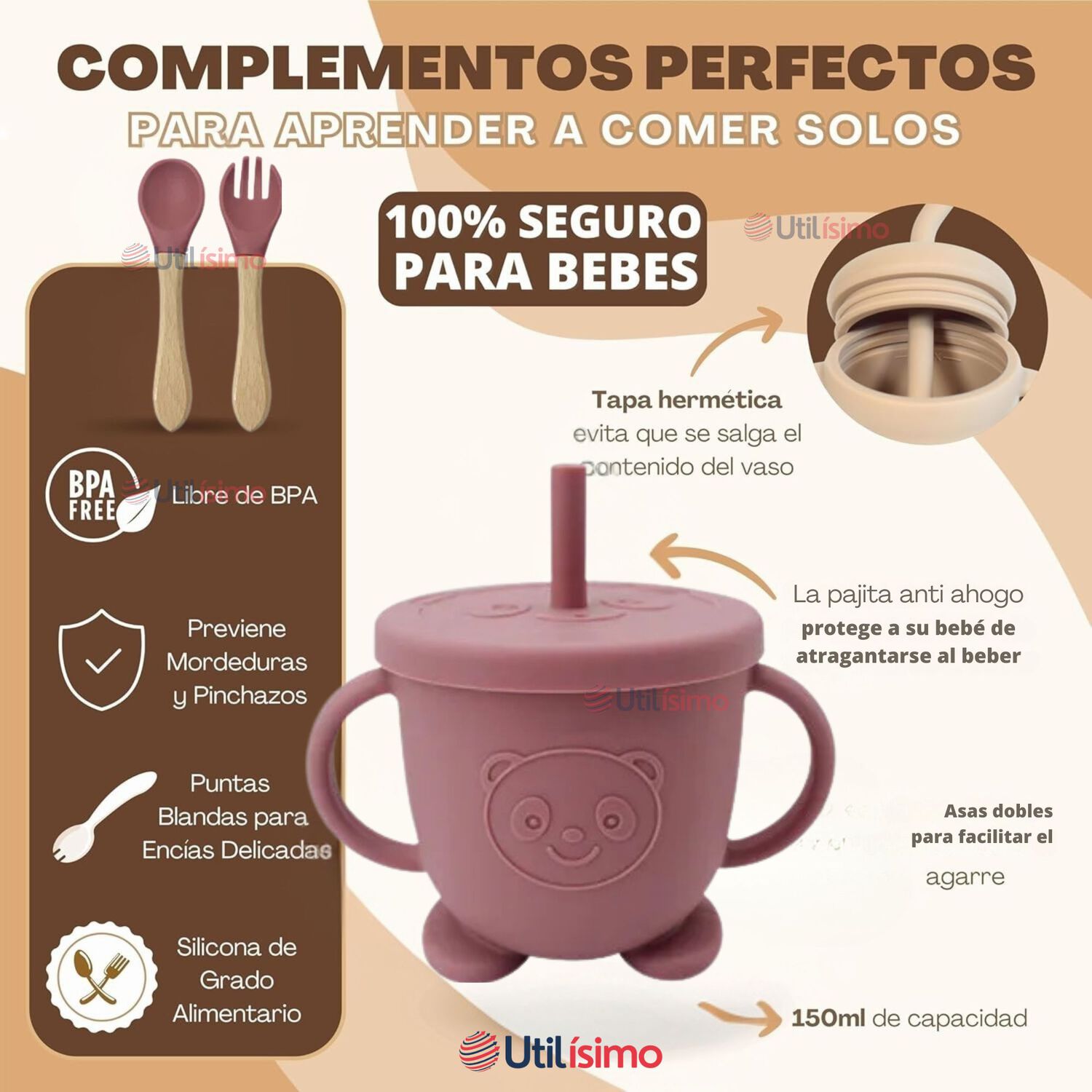 Set De Alimentaci&oacute;n Beb&eacute; Silicona De Oso 6 Piezas Libre Bpa Color Rosa Oscuro image number 9.0