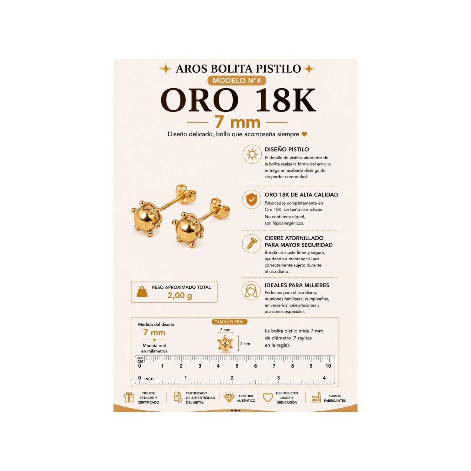 Aros Bolita Pistilo 7mm No4 Oro 18k 2gr Regalo Mujer Dorado image number 4.0