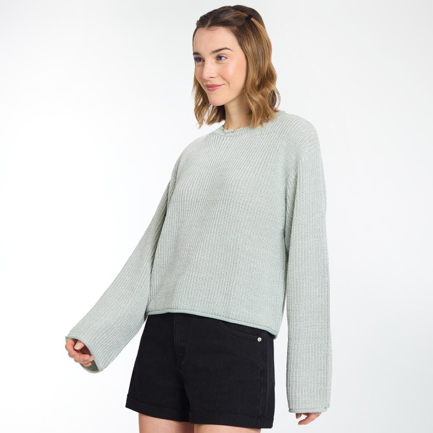 Sweater Crop Efecto Desgastado Manga Larga Cuello Redondo Mujer Freedom image number 2.0