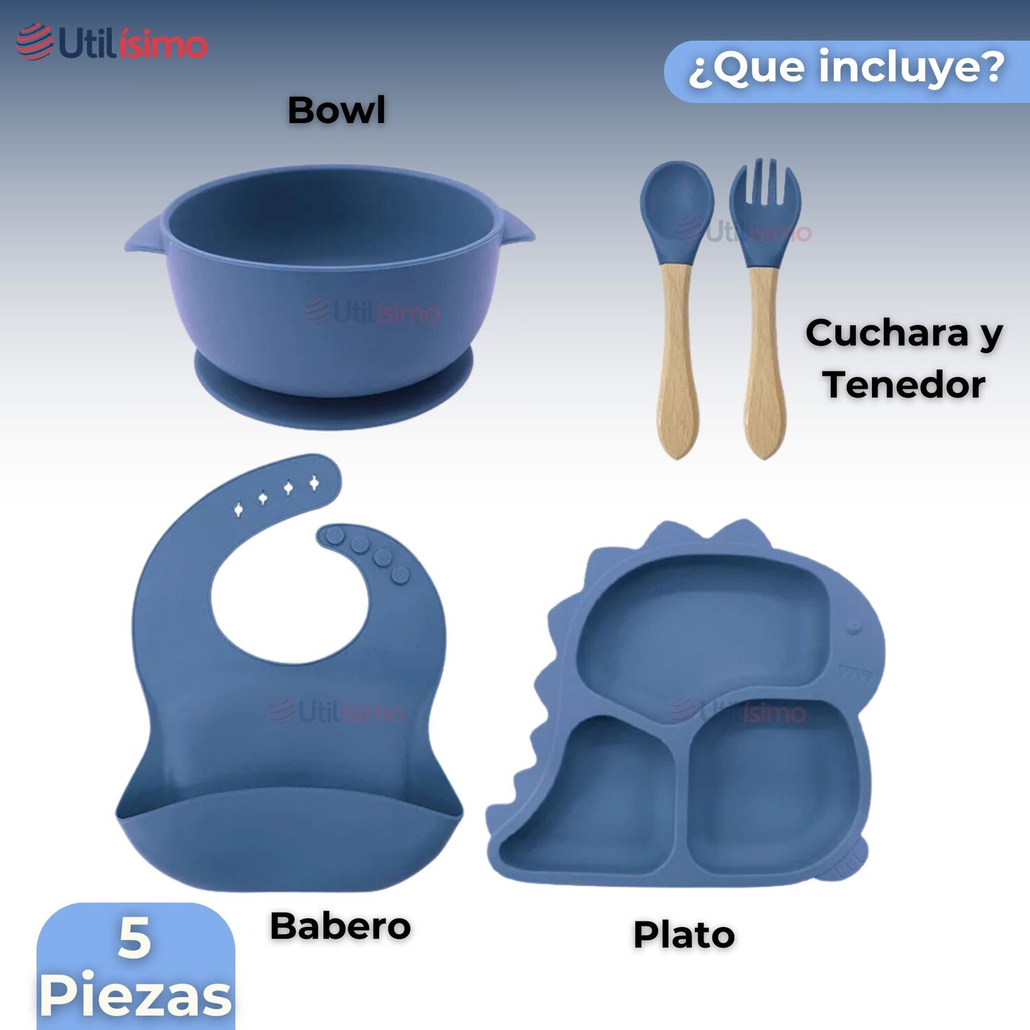 Set De Alimentaci&oacute;n Beb&eacute; Silicona 5 Piezas Dinosaurio Libre Bpa Color Azul image number 4.0