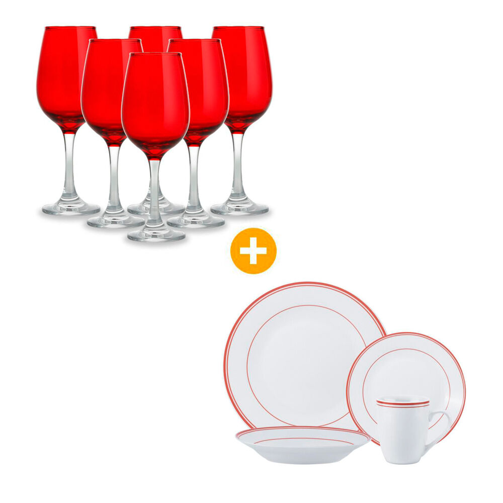 Juego De Vajilla Casaideal Red Decal / 16 Piezas + Set De Copas Azhome Jaspe / 6 Copas / 430 Ml image number 0.0