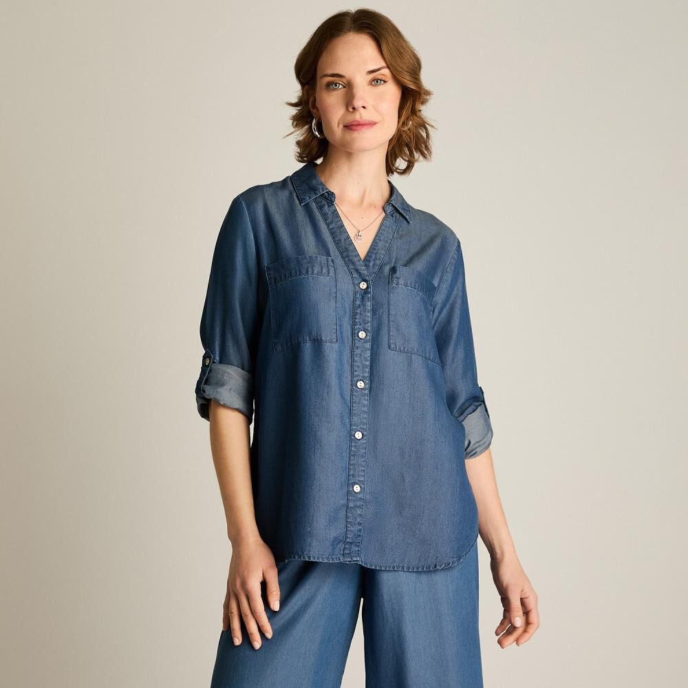 Blusa Lyocell Manga Larga Roll Up Cuello Camisero Mujer Lorenzo Di Pontti image number 0.0