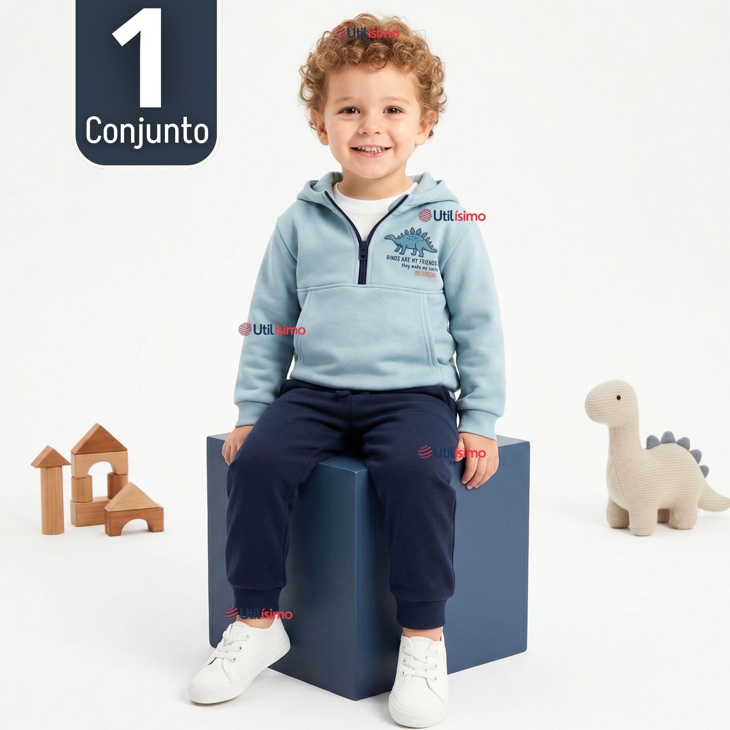 Conjunto 2 Piezas Buzo Pantal&oacute;n Y Poler&oacute;n Con Capucha Azul Dinosaurio Ni&ntilde;o image number 0.0