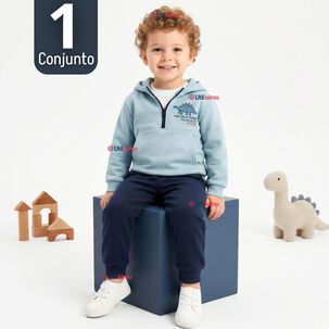 Conjunto 2 Piezas Buzo Pantal&oacute;n Y Poler&oacute;n Con Capucha Azul Dinosaurio Ni&ntilde;o