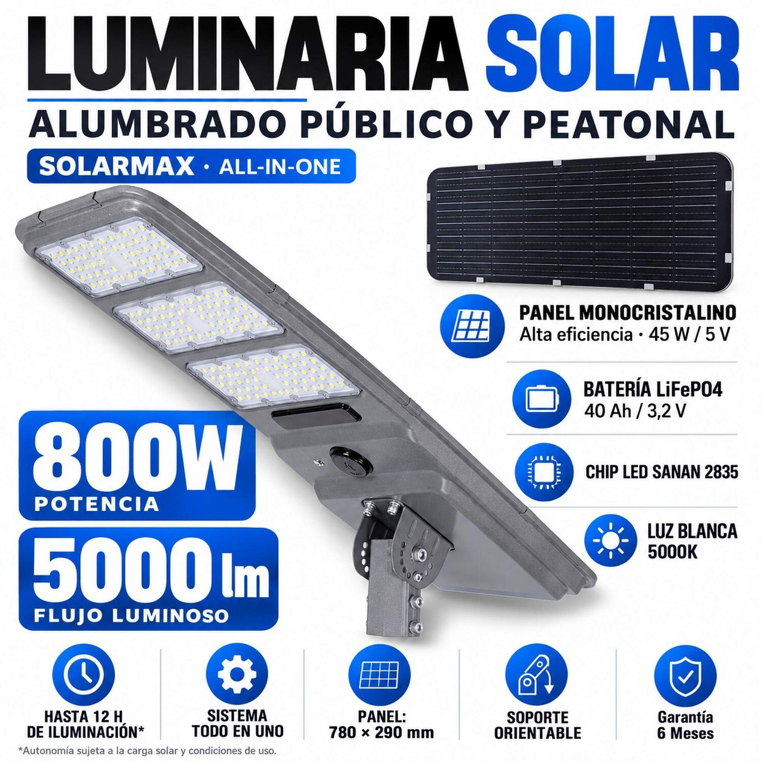 Luminaria Solar Peatonal 800w Con Panel De Alta Eficiencia image number 3.0