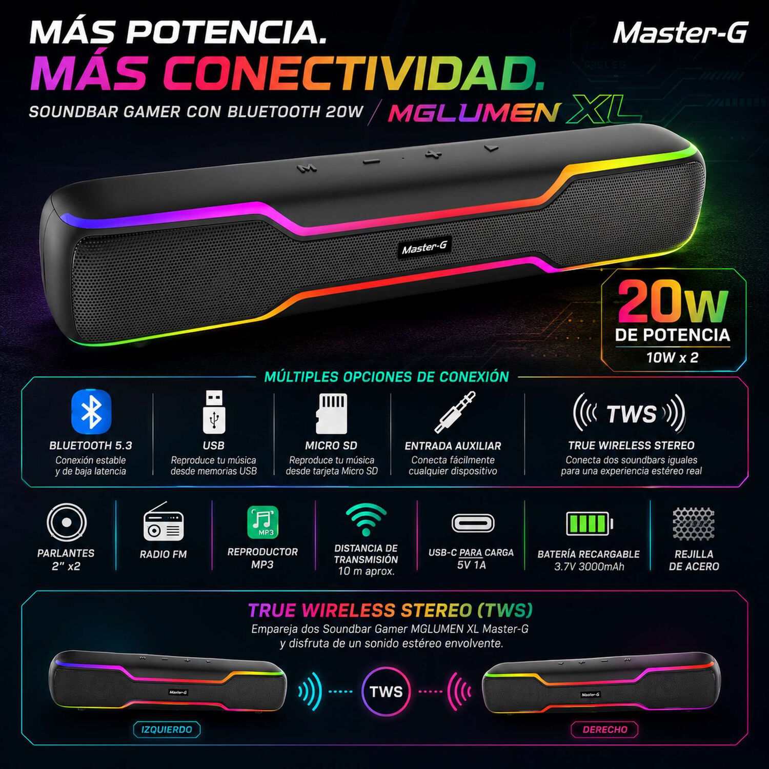 Soundbar Parlante Gamer Bluetooth Rgb 20w Mglumenxl Master-g image number 3.0